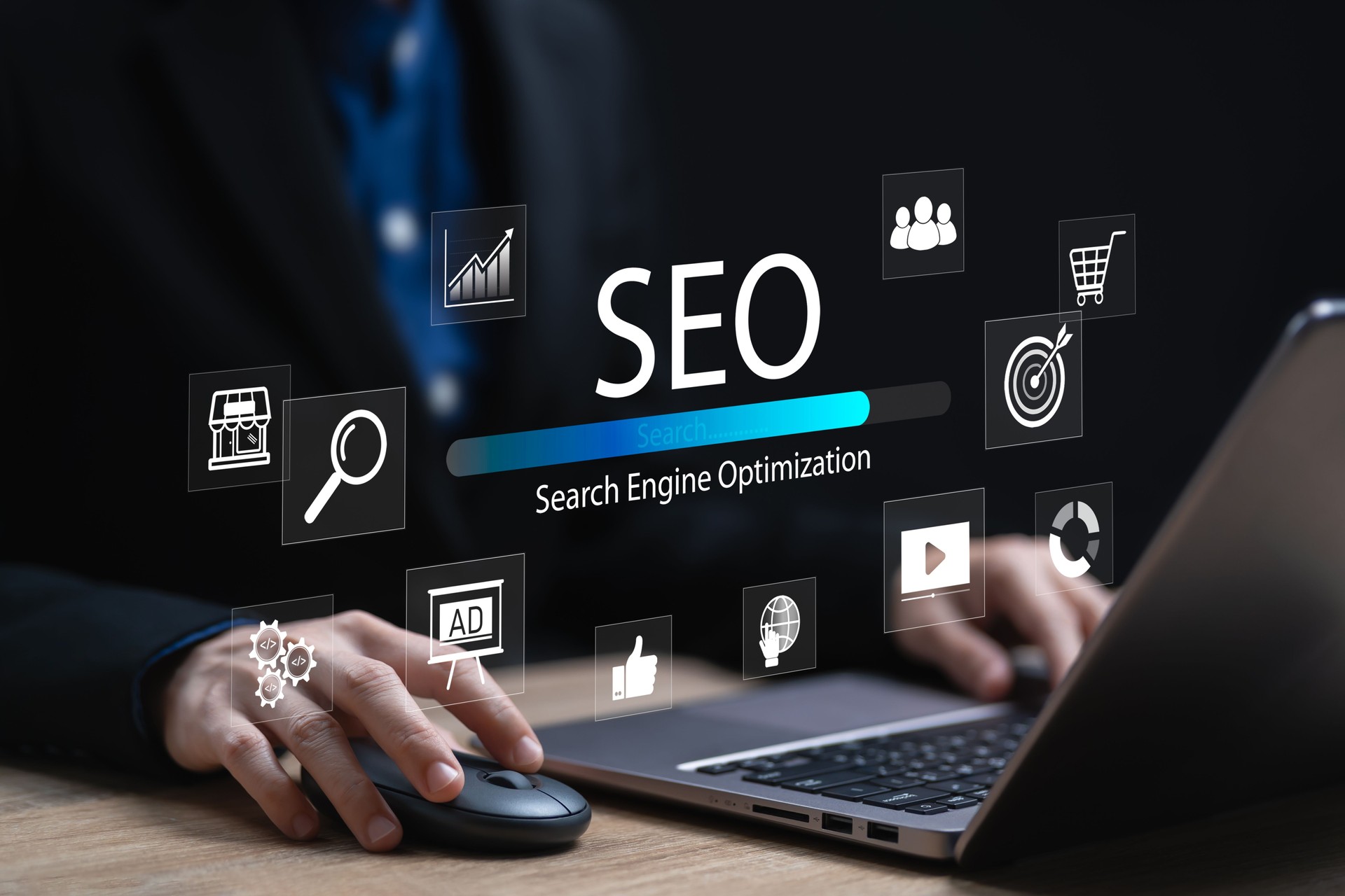 SEO, Search Engine Optimization Concept, Businesswoman summarize the important topics of the SEO tool digital marketing Optimizing your website, Financial development, Content, AD, Shopping online