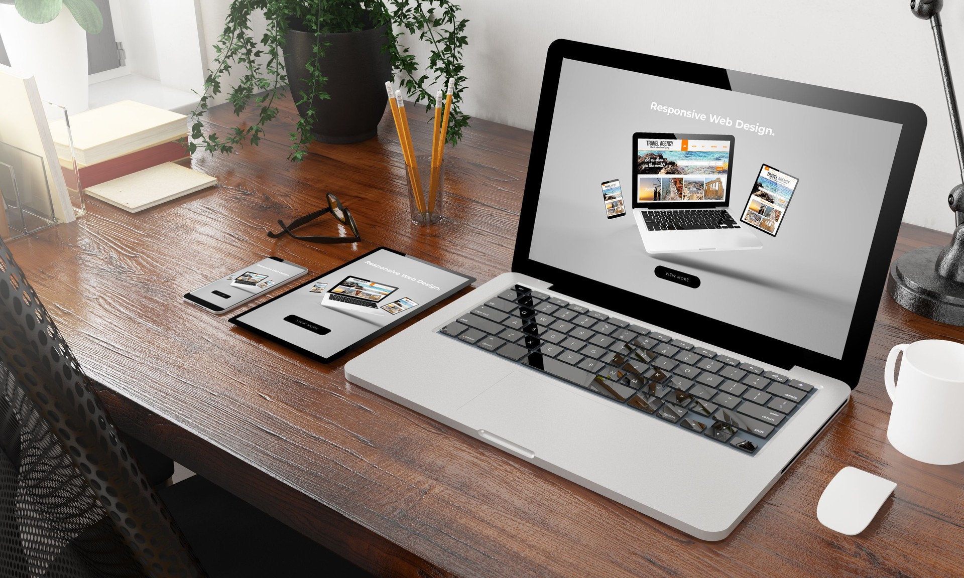 devices on wooden desktop